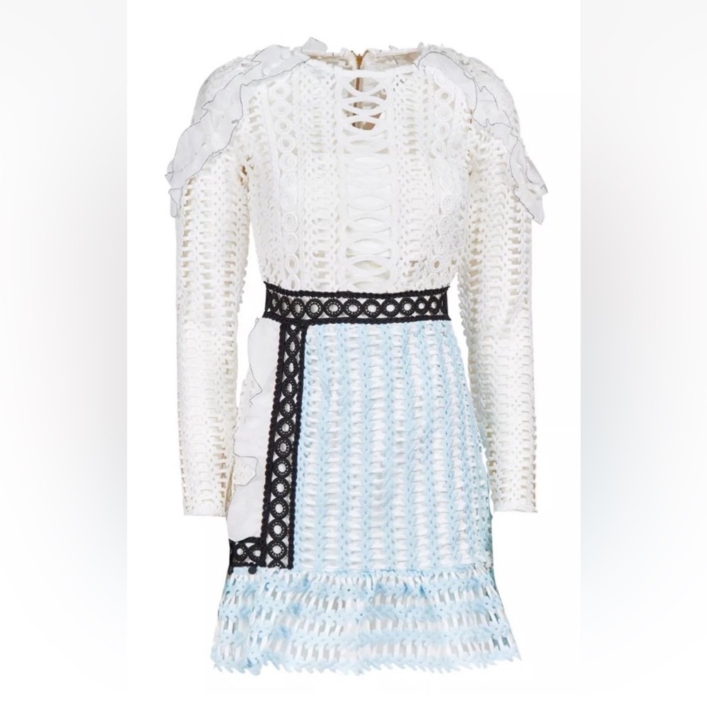 SELF-PORTRAIT White Blue Frill Shoulder Panel Lace Mini Dress US4/UK8 - Picture 5 of 12